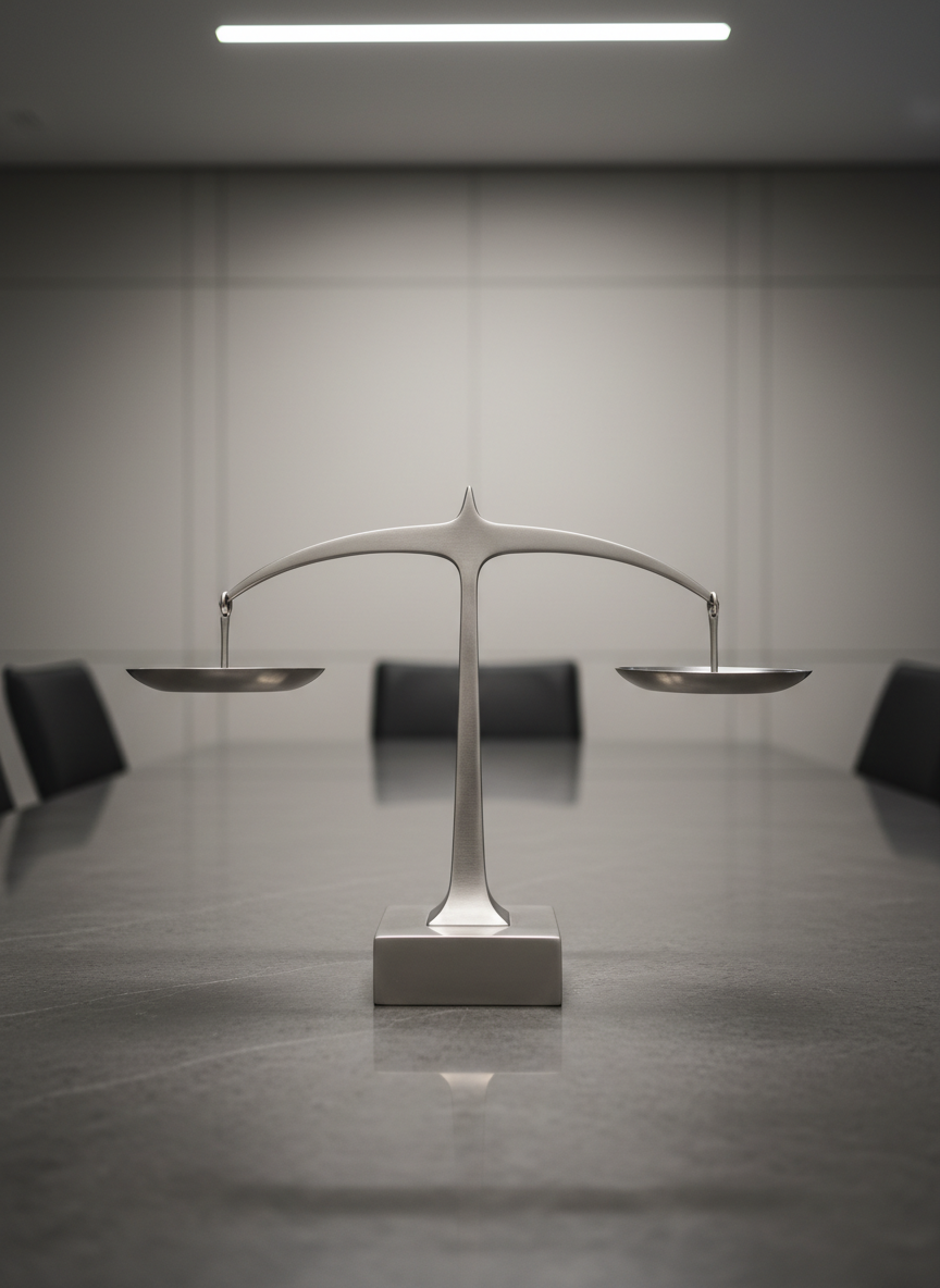 A close-up of a contemporary metal scale of justice sculpture with a brushed steel finish, its balanced arms extending gracefully, each tray empty and perfectly level. The sculpture is centrally placed on a smooth, charcoal stone conference table, with neutral-toned walls in the background featuring minimalist architectural lines. Soft overhead LED lighting casts crisp, subtle shadows beneath the scale, creating a well-lit foreground that draws the eye to the symbol of justice. The atmosphere is calm and authoritative, embodying impartiality and legal rigor. Captured at eye-level with strong symmetrical framing and sharp focus throughout, this photographic image radiates professionalism and aligns with a corporate legal brand.
