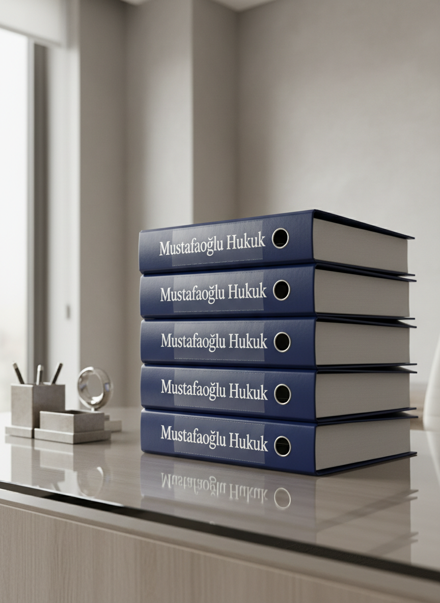 An elegant stack of polished, navy blue legal binders embossed with silver foil Mustafaoğlu Hukuk branding, arranged in perfect alignment on a sleek glass-topped desk. The setting is in a modern, minimalist office with textured neutral walls and a few strategically placed silver desk accessories. Soft, diffused daylight pours from a nearby window, casting gentle highlights on the binders and subtle reflections on the glass surface. The mood is orderly and professional, conveying trust and expertise. Captured from a slightly elevated angle, with sharp focus on the binders and gradual blur toward the background. The composition is balanced and clean, epitomizing photographic realism and a corporate, structured aesthetic, ideal for showcasing law office professionalism.
